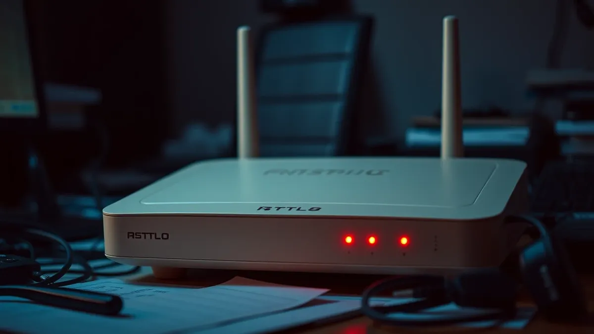 Illustration: A beige enterprise router sits on a cluttered desk, its front panel displaying blank indicator lights.