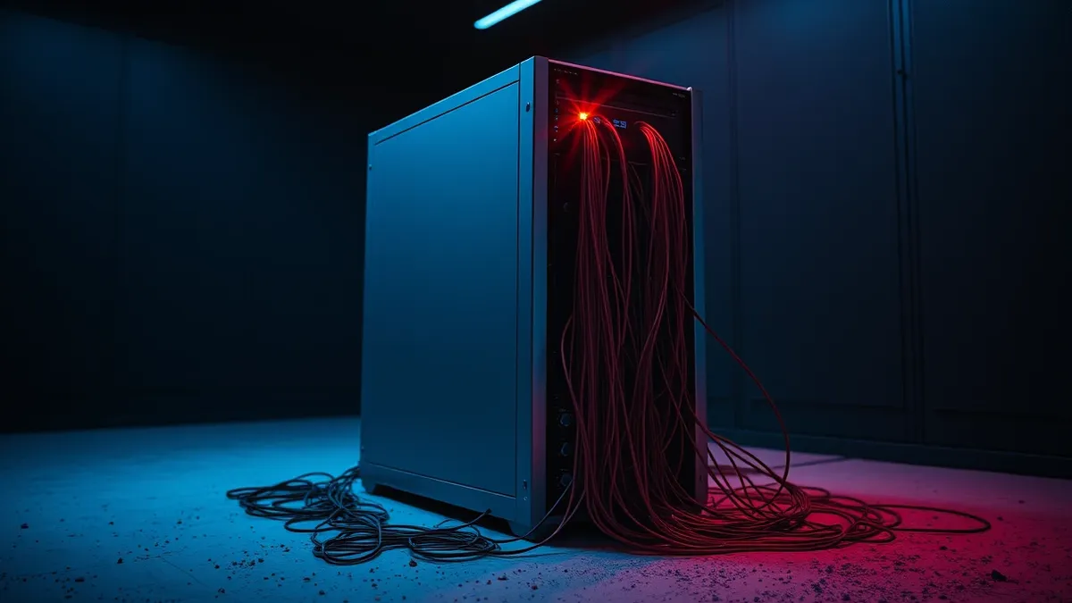 Illustration: A sleek silver server tower sits in a dim room with its side panel removed, exposing a tangled web of red and black cables spilling out like vines.