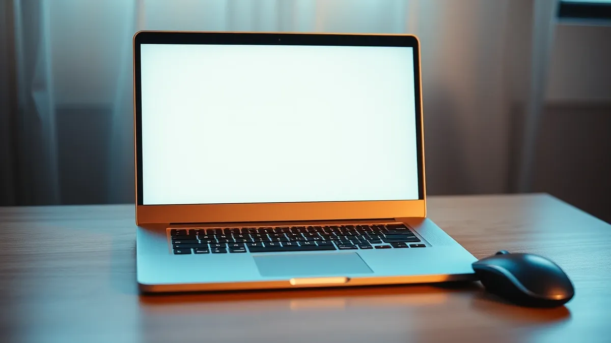 Illustration: An open silver laptop sits on a clean wooden desk beside a wireless mouse.