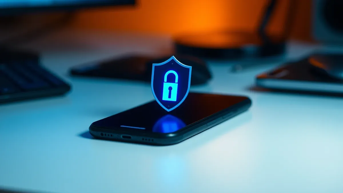 Illustration: A sleek black smartphone rests on a white desk, its screen displaying a single, bright blue key icon centered against a dark background.
