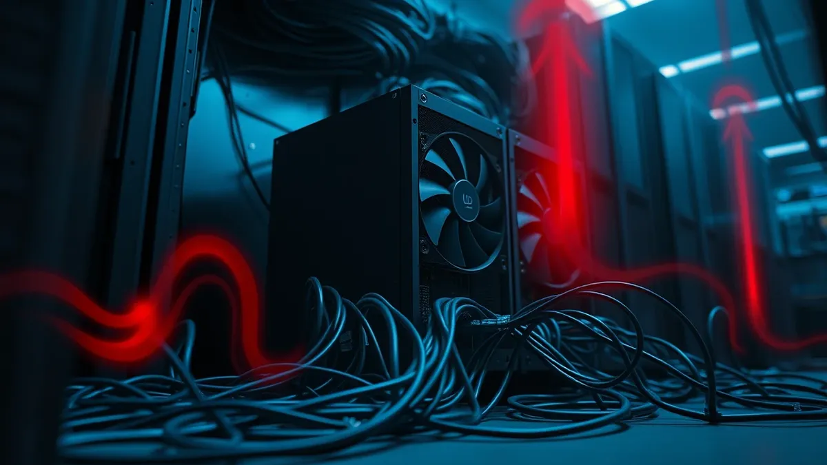 Illustration: A generic black server blade sits in a dark rack with its cooling fans spinning frantically.