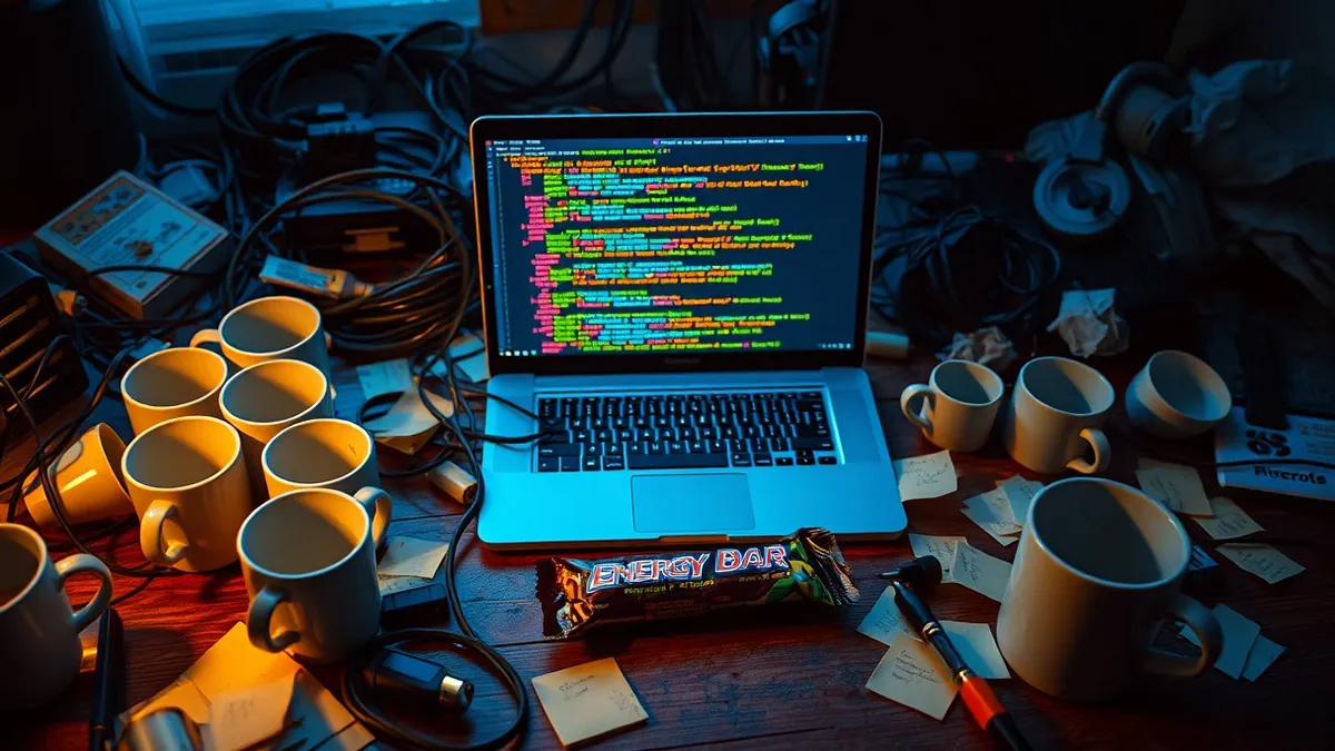 Illustration: A chaotic desk scattered with empty coffee cups, tangled charging cables, and crumpled sticky notes surrounds a glowing laptop screen displaying colorful abstract cod