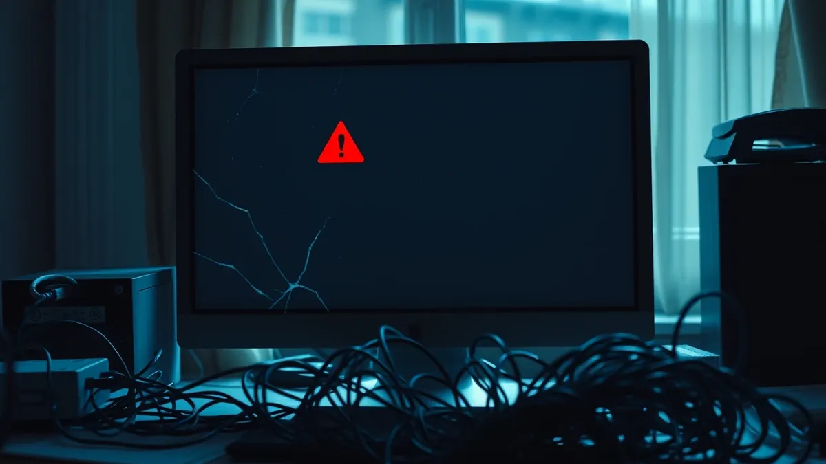 Illustration: A cracked computer monitor sits on a cluttered desk, its blank screen reflecting a jagged red warning icon.