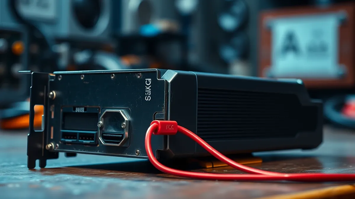 Illustration: A black graphics processing unit card rests on a workbench, its metal backplate scuffed and exposed.
