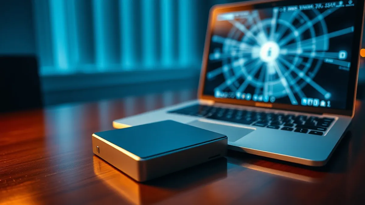 Illustration: A sealed, silver external hard drive rests on a wooden desk, symbolizing protected storage.