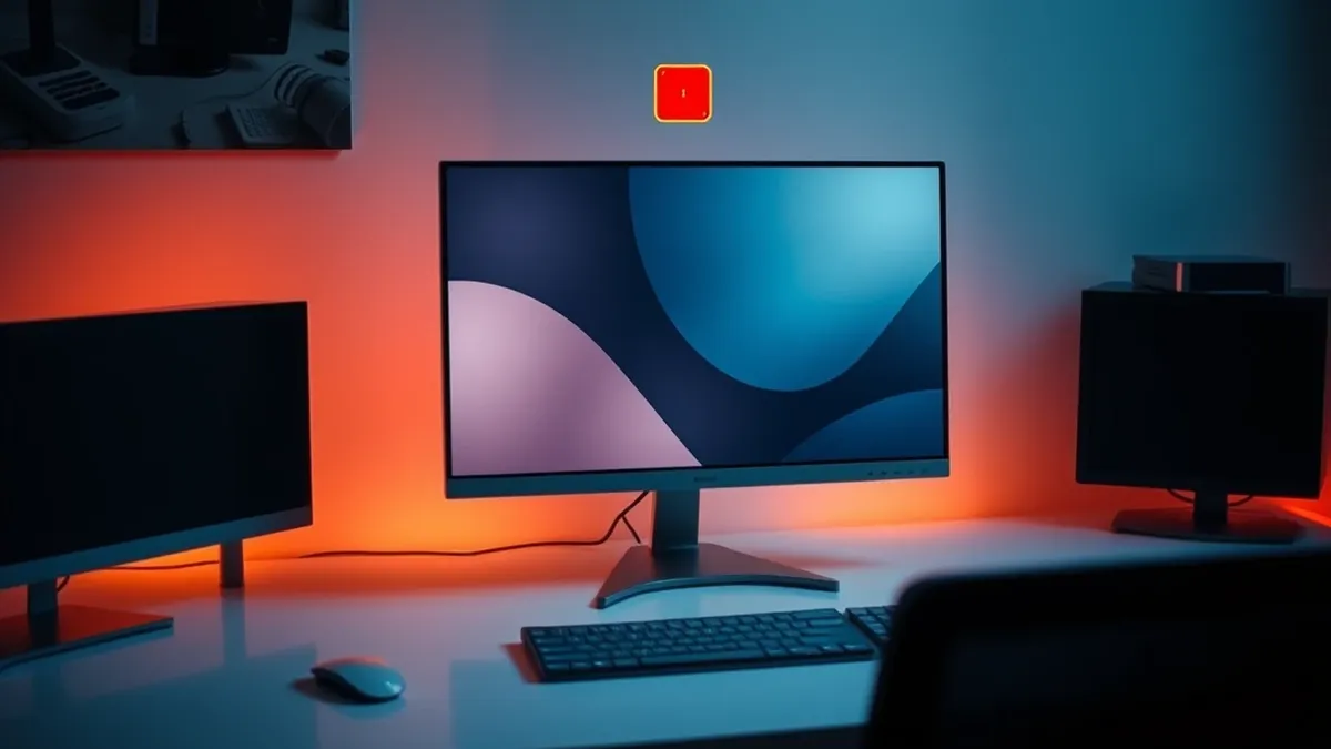 Illustration: A sleek minimalist monitor sits on a clean white desk, displaying a blank window with soft abstract geometric shapes.