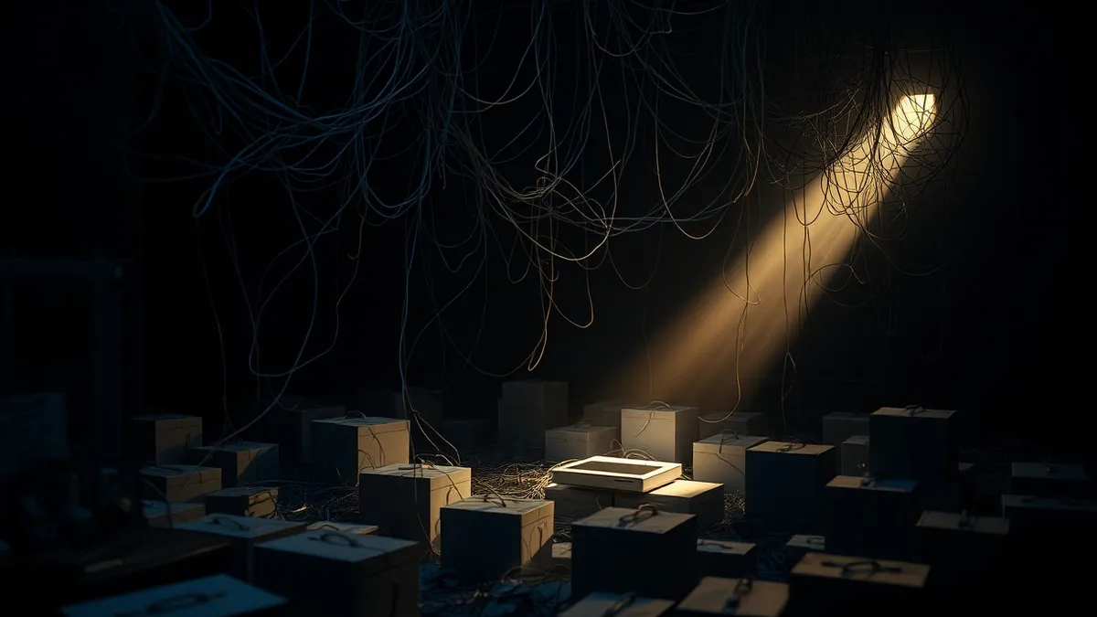 Illustration: A tangled web of invisible threads stretches across a dark room, connecting unmarked gray boxes hidden in shadows.