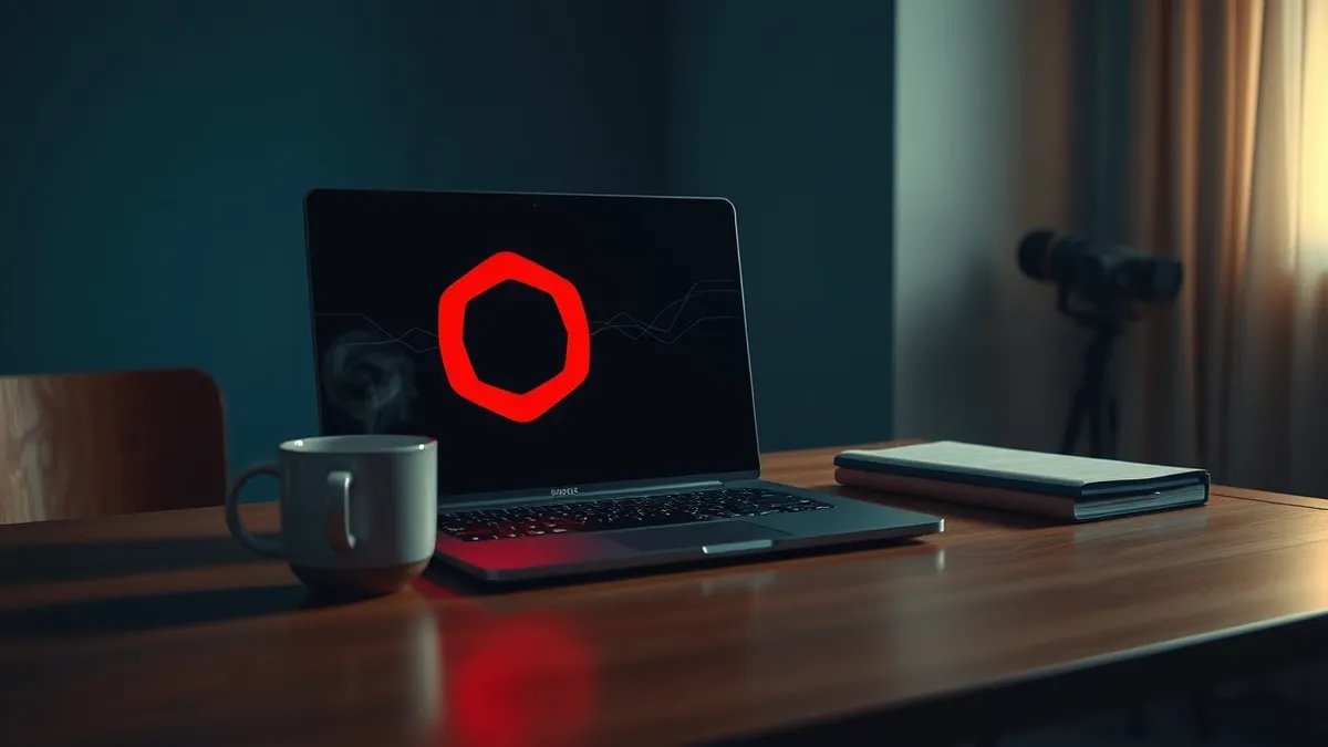Illustration: A sleek black laptop sits on a wooden desk beside a steaming ceramic mug.