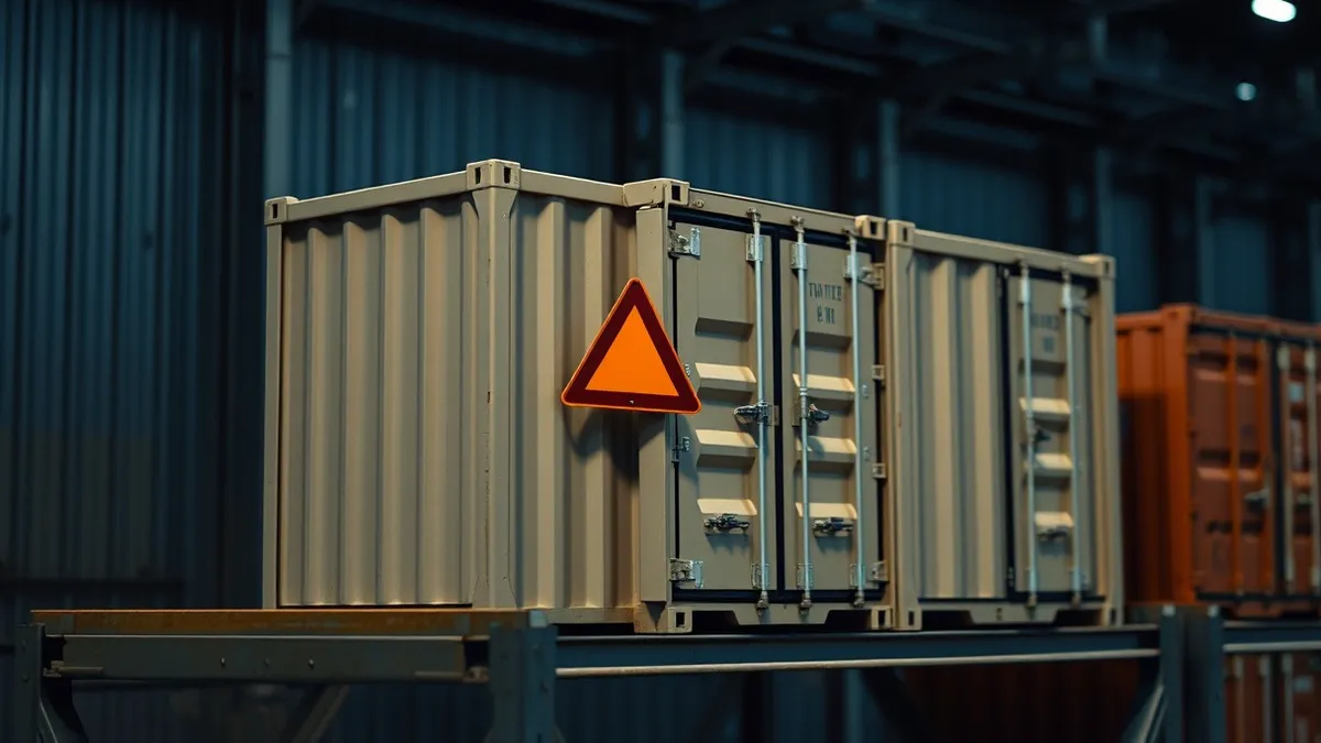 Illustration: A cluster of generic shipping containers sits on a metal rack with several open gaps and missing seals between them.
