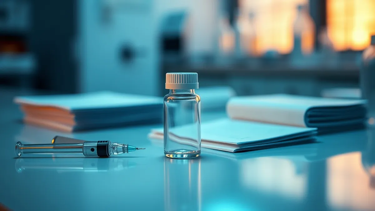 Illustration: A sterile laboratory table holds a single glass vial with a white cap, resting beside a metallic syringe and a small stack of blank medical charts.