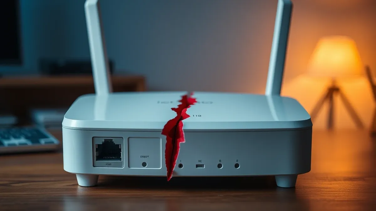 Illustration: A white wireless router sits on a wooden desk with its ethernet ports facing forward.