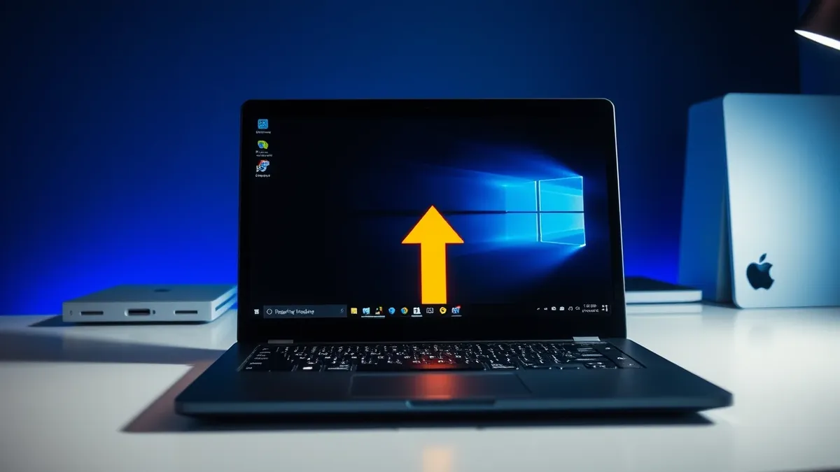 Illustration: A sleek black Windows laptop sits on a clean white desk with its screen glowing bright.