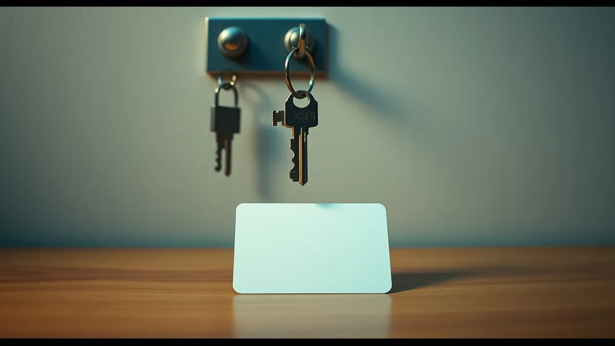 Illustration: A single key hangs on a plain wall hook, clearly separate from a blank identity badge resting on the wooden surface below.