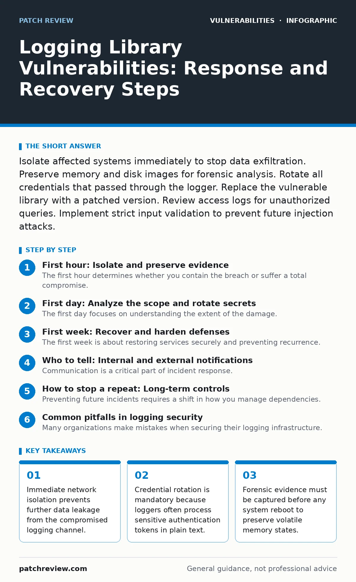 Infographic: Logging Library Vulnerabilities: Response and Recovery Steps. Immediate network isolation prevents further data leakage from the compromised logging channel. Credential rotation is mandatory because loggers often process sensitive authentication tokens in plain text. Forensic evidence m