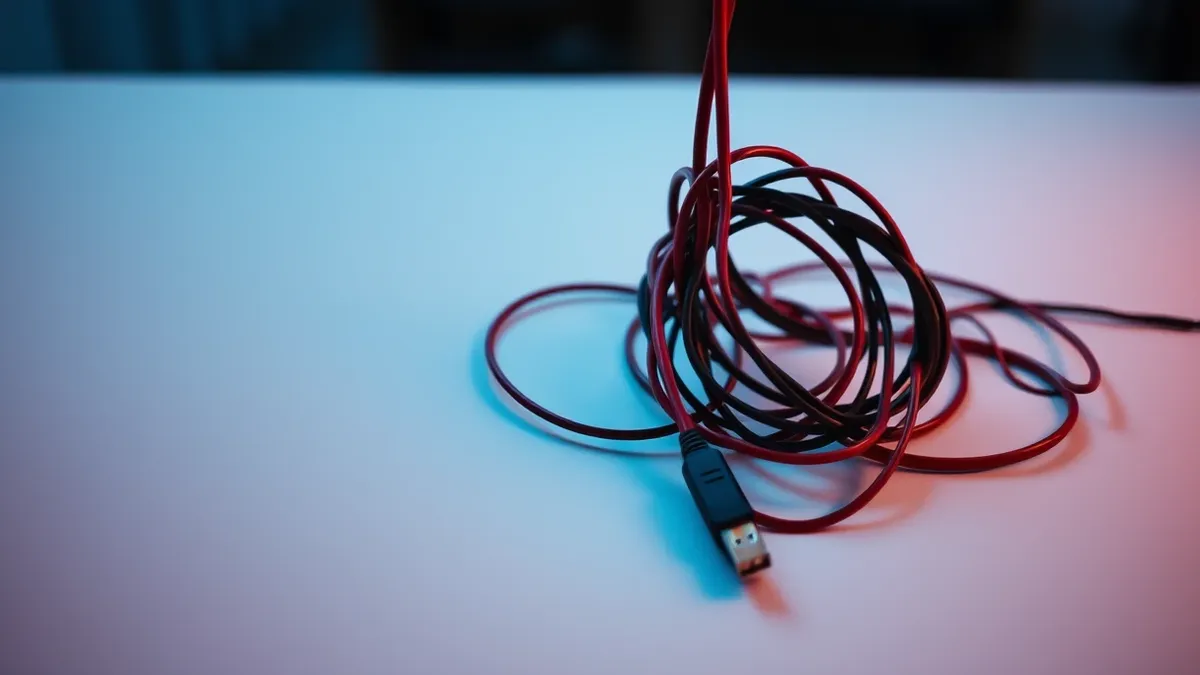 Illustration: A tangled knot of thick red and black cables sits isolated on a stark white surface, completely severed from any hardware or wall outlets.