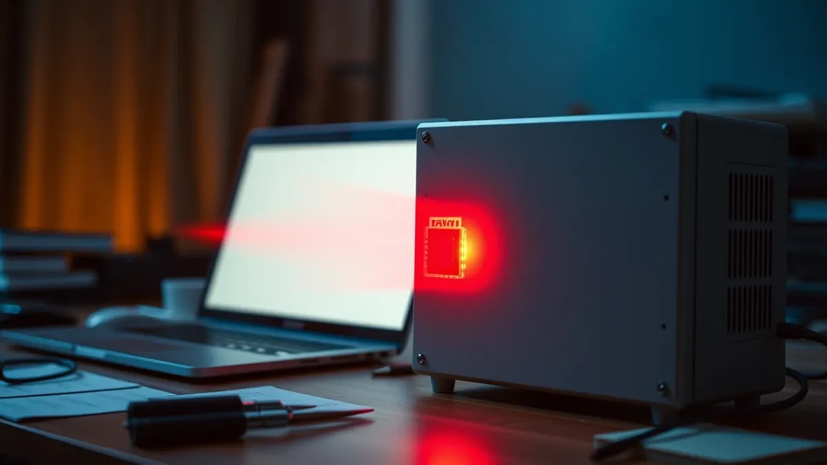 Illustration: A sleek, grey network firewall sits on a cluttered desk next to an open laptop.