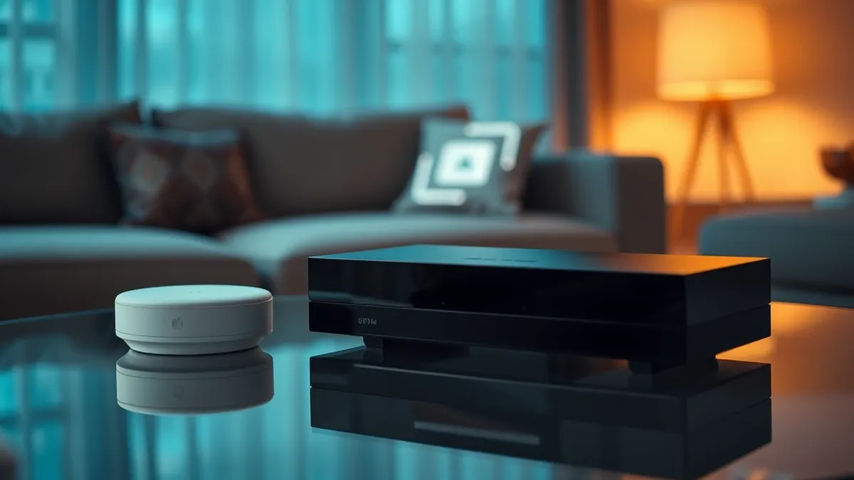 Illustration: A sleek black media streamer rests on a glass coffee table beside a small white smart home hub.