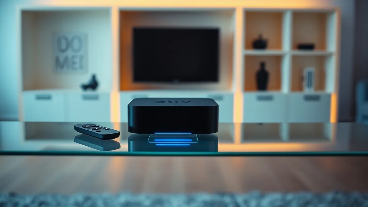 Illustration: A black rectangular streaming box rests on a glass shelf next to a smooth remote control.