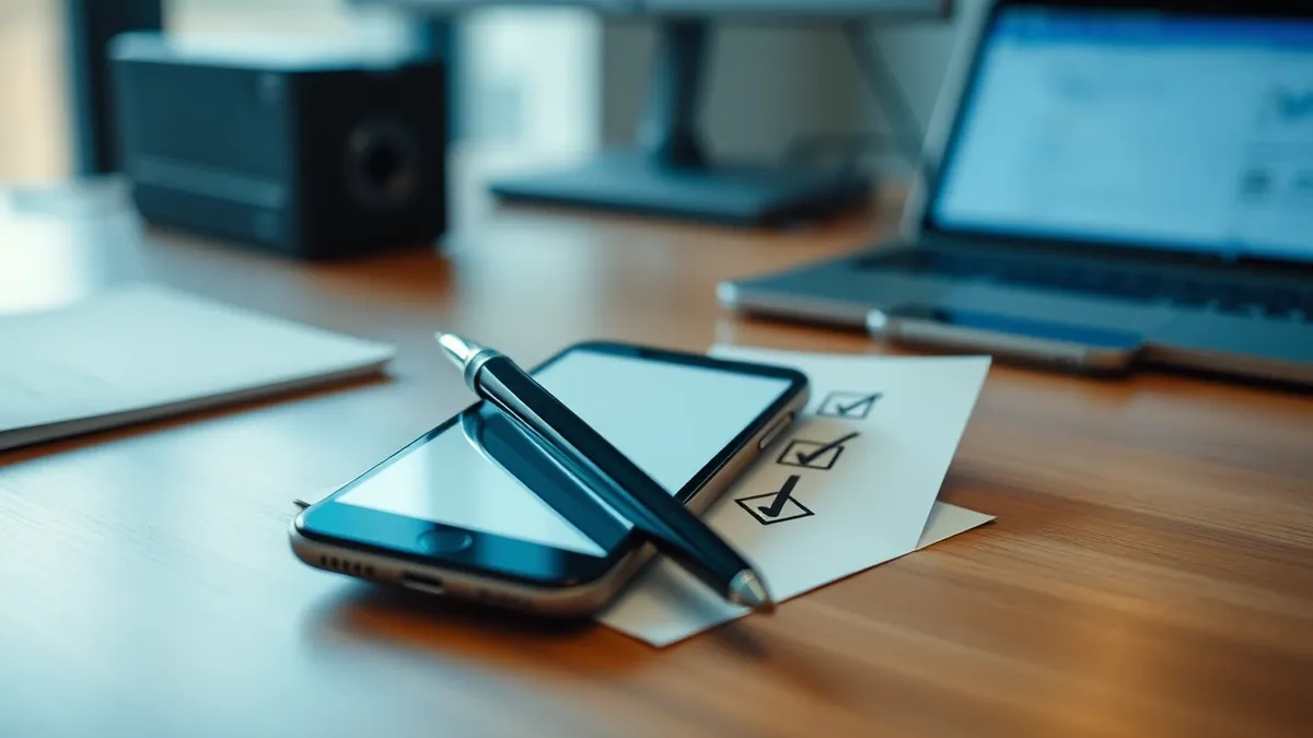 Illustration: A modern office desk holds a smartphone displaying a blank message interface.