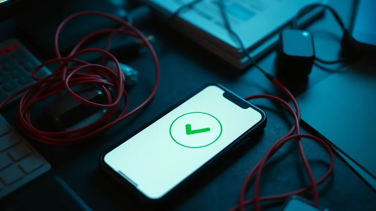 Illustration: A smartphone rests on a cluttered desk next to a tangled knot of red wires.