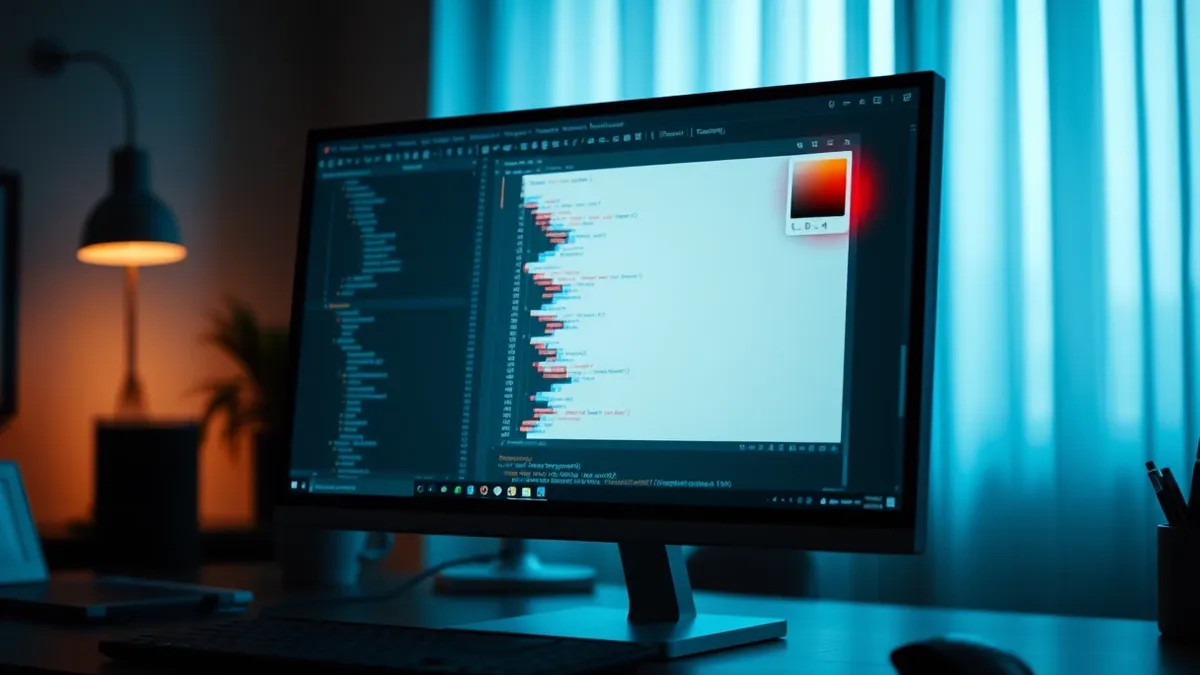 Illustration: A sleek software development interface sits open on a desktop monitor, displaying a blank code editor window.