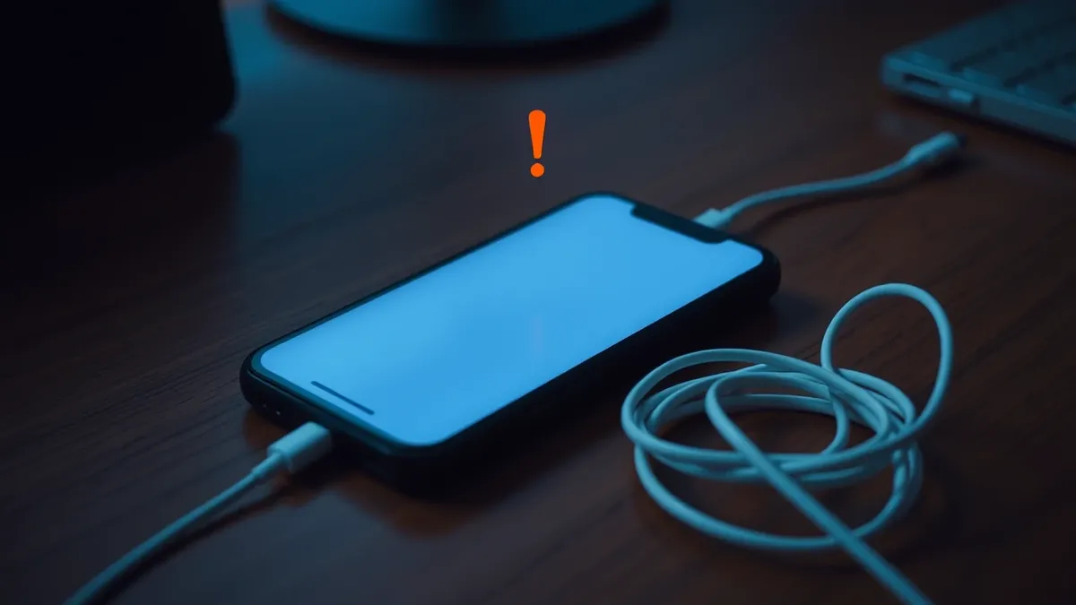 Illustration: A sleek black smartphone rests on a wooden desk, its screen displaying a blank notification.