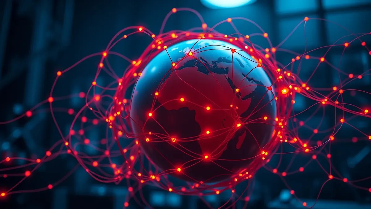 Illustration: A tangled web of glowing red threads wraps around a generic globe, tightening around the edges.