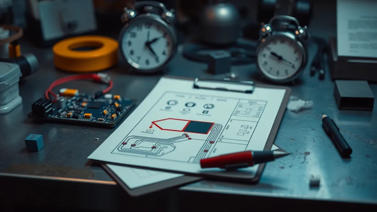 Illustration: A clipboard rests on a metal workbench beside a half-assembled circuit board.