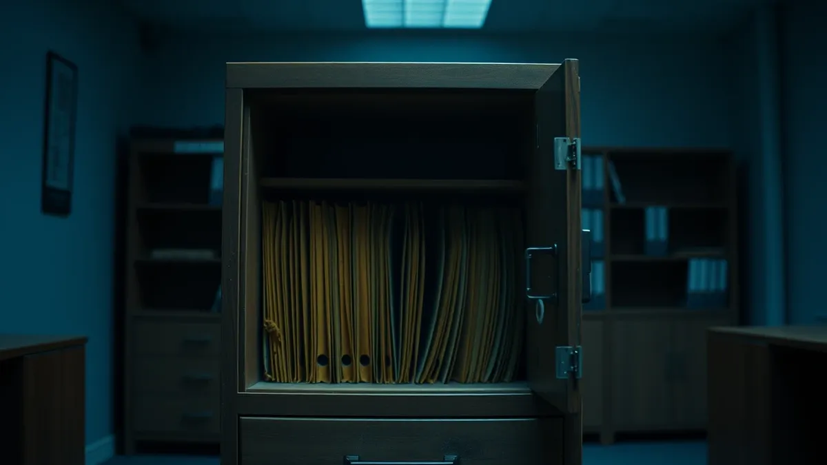 Illustration: A dusty wooden filing cabinet sits open in a quiet office, revealing rows of yellowed paper folders inside.
