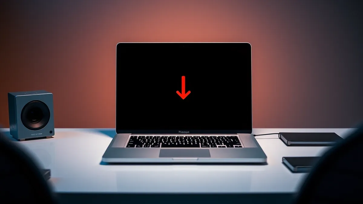 Illustration: A sleek silver laptop sits open on a clean white desk, its screen displaying a blank browser window with a single red downward arrow icon pulsing in the center, symbo