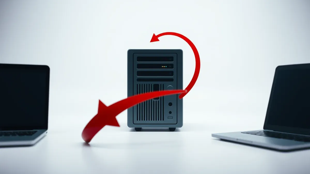 Illustration: A generic web server icon sits isolated on a plain white background, with a single, smooth red arrow curving sharply away from its center.