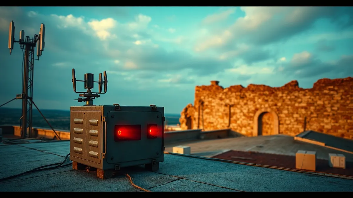 Illustration: A small, ruggedized metal box sits on a wind-swept rooftop next to a cellular antenna.