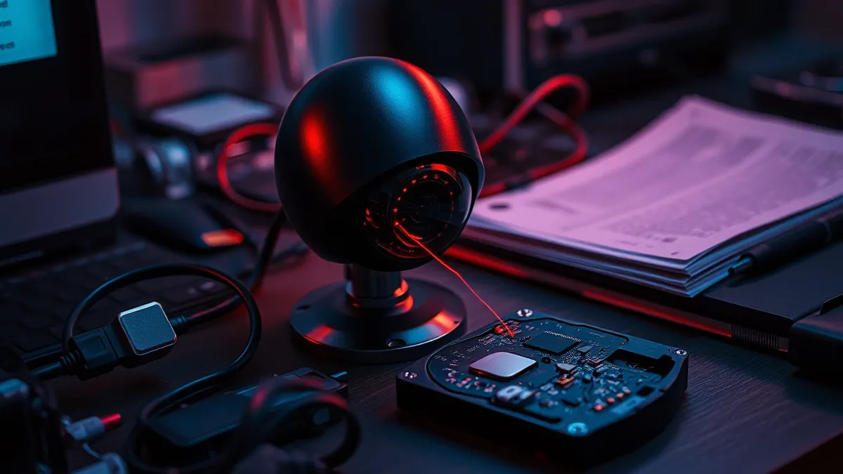 Illustration: A black dome security camera sits on a cluttered desk next to a tangled ethernet cable and a small external hard drive.