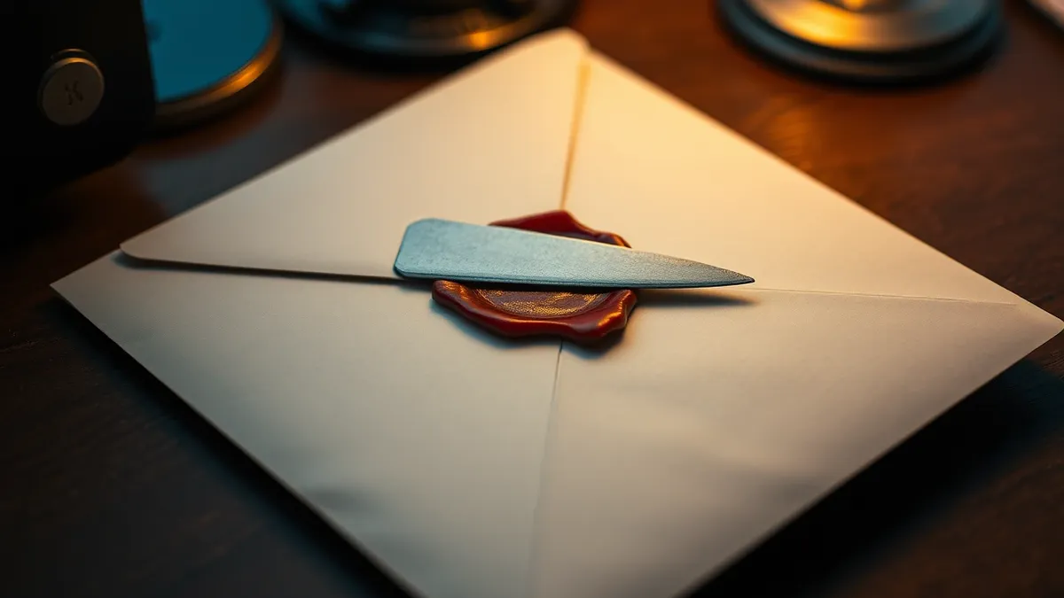 Illustration: A dusty white envelope rests on a wooden desk, its flap sealed with plain red wax.