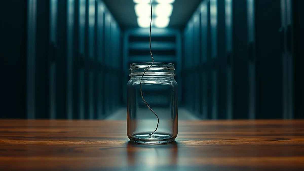 Illustration: A small, blank glass jar sits on a wooden table, representing a browser holding data.