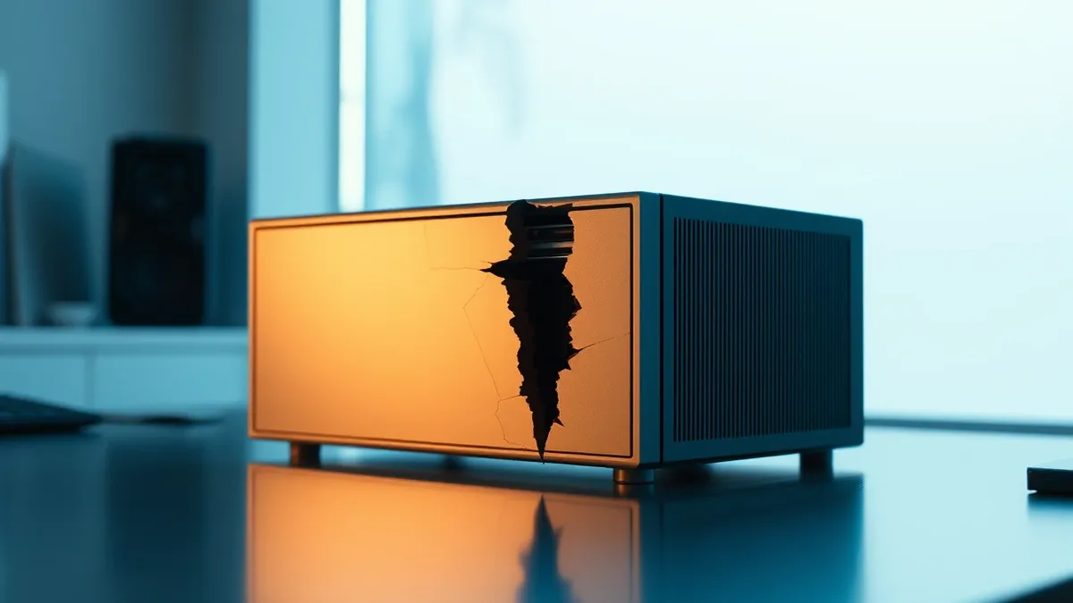 Illustration: A sleek, standalone workflow automation engine sits on a clean desk, its smooth metallic surface reflecting overhead light.