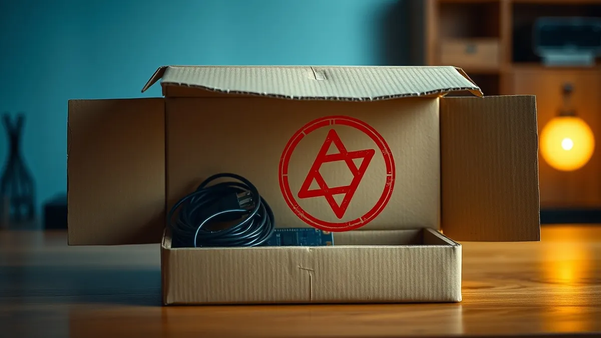 Illustration: A plain cardboard shipping box sits on a wooden desk, its flaps torn open to reveal tangled black cables and a small circuit board inside.