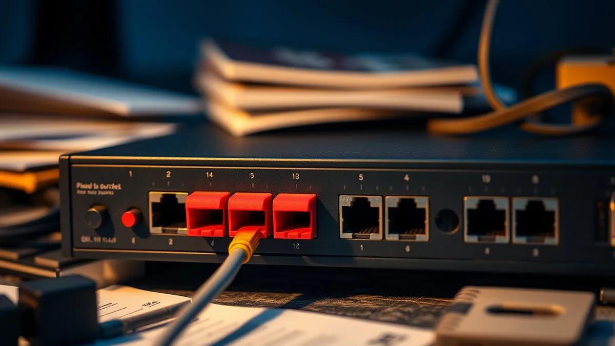 Illustration: A physical network switch sits on a cluttered desk, its front panel featuring a row of ethernet ports.