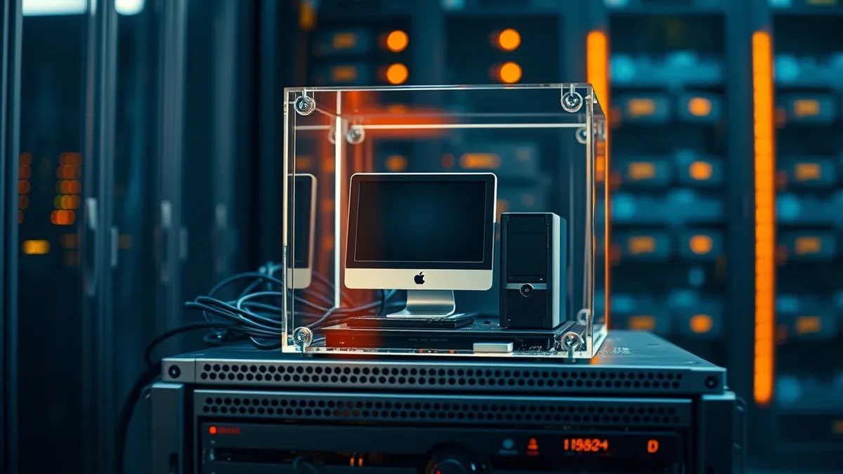 Illustration: A translucent glass box sits on a metal server chassis, containing a miniature desktop computer with a blank monitor.