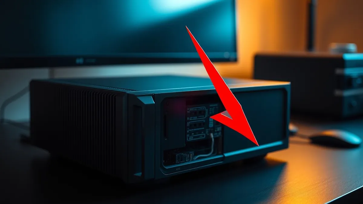 Illustration: A sleek black security appliance sits on a dark desk.