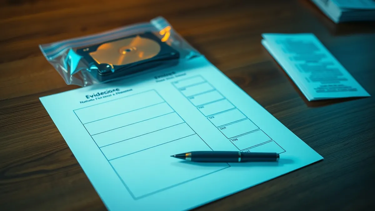 Illustration: A white paper form rests on a wooden table next to a sealed evidence bag containing a hard drive.