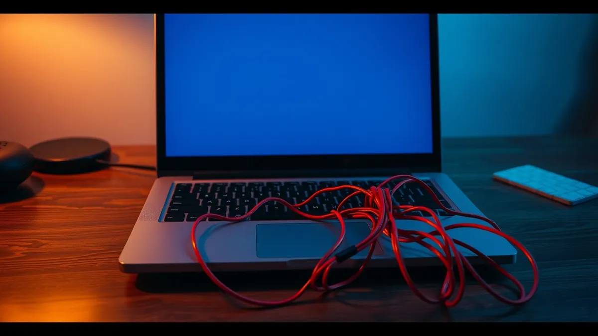 Illustration: A sleek laptop rests on a wooden desk with its screen displaying only blank geometric shapes.