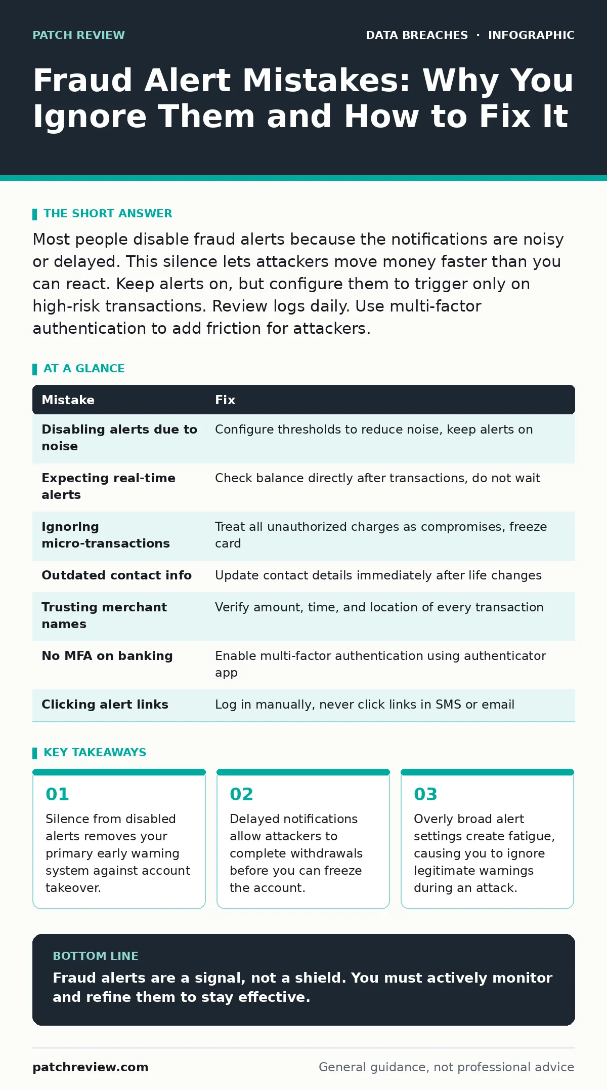 Infographic: Fraud Alert Mistakes: Why You Ignore Them and How to Fix It. Silence from disabled alerts removes your primary early warning system against account takeover. Delayed notifications allow attackers to complete withdrawals before you can freeze the account. Overly broad alert settings crea