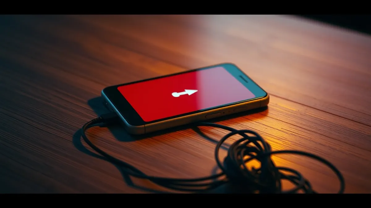 Illustration: A smartphone rests on a wooden table, its screen displaying a single red notification bubble with a white exclamation mark.