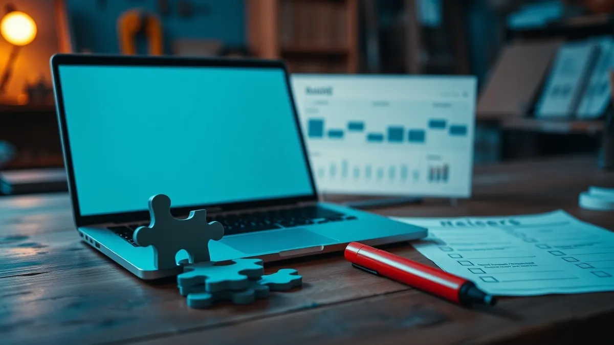 Illustration: A wooden workbench holds an open laptop displaying a blank dashboard interface.
