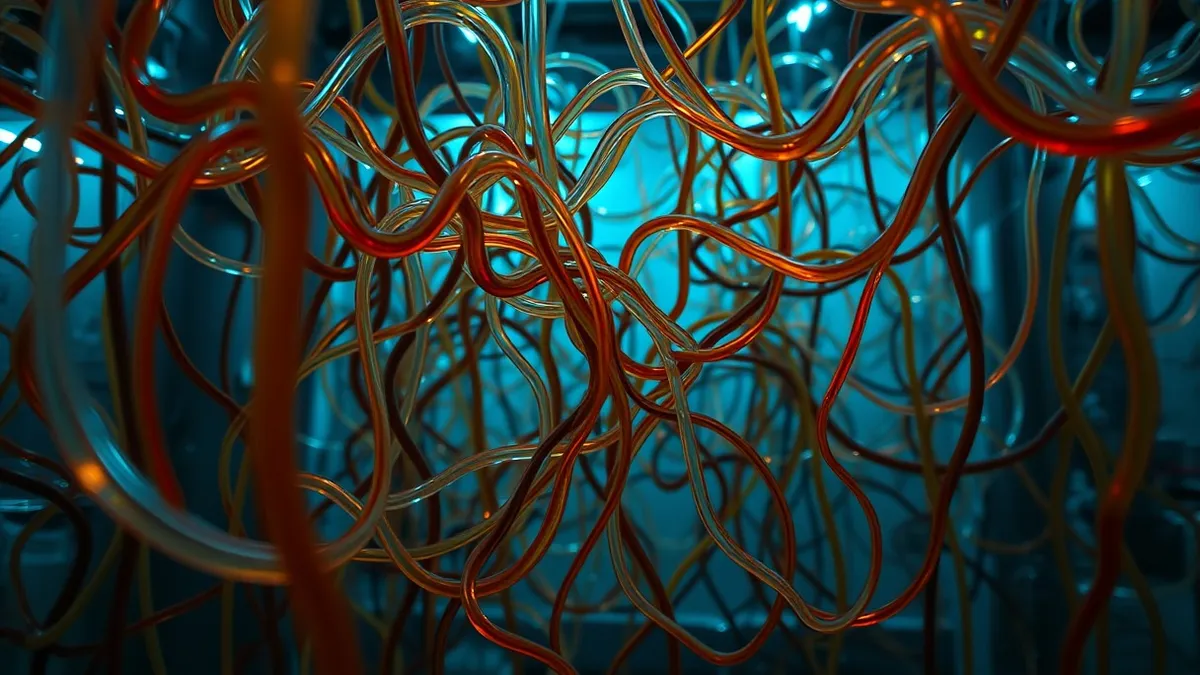 Illustration: A tangled mass of transparent tubes carries colorful liquid through a dense, root-like network of pipes.