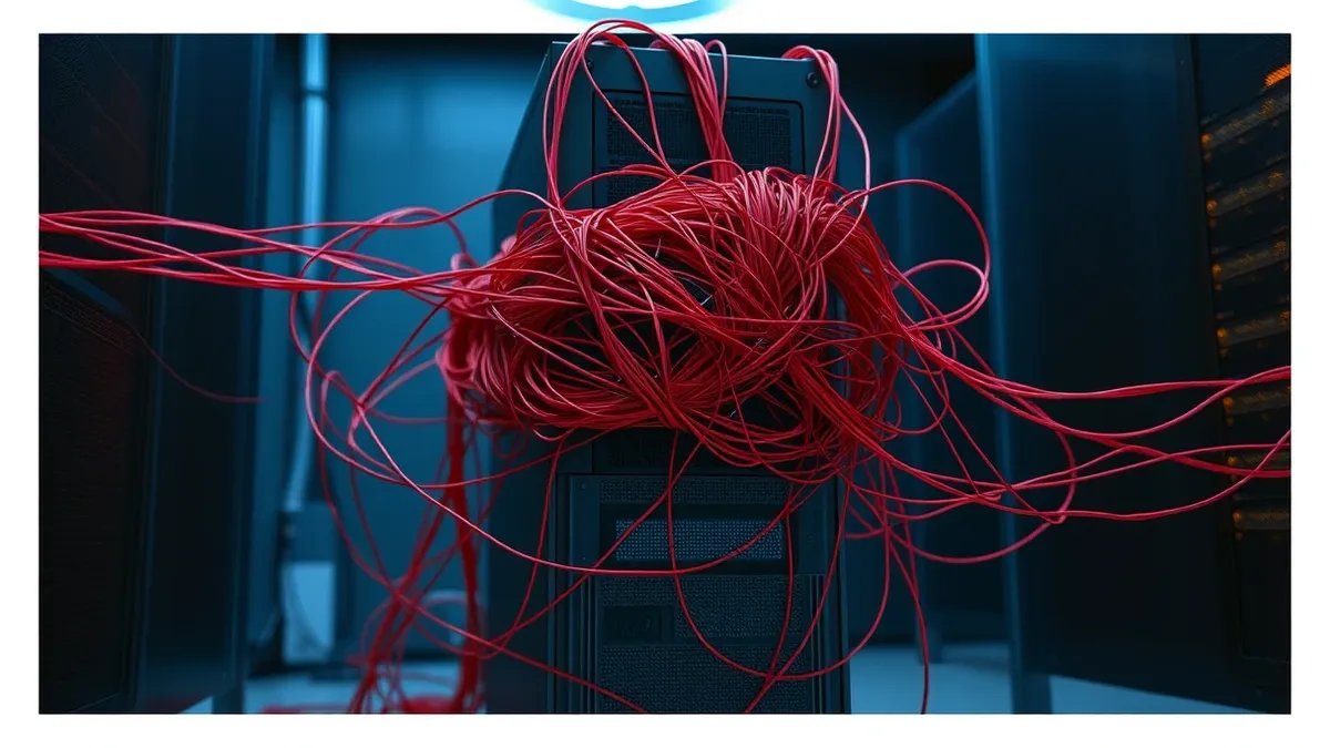 Illustration: A tangled knot of red threads wraps tightly around a sleek server tower, squeezing it until the cooling fans stop spinning.
