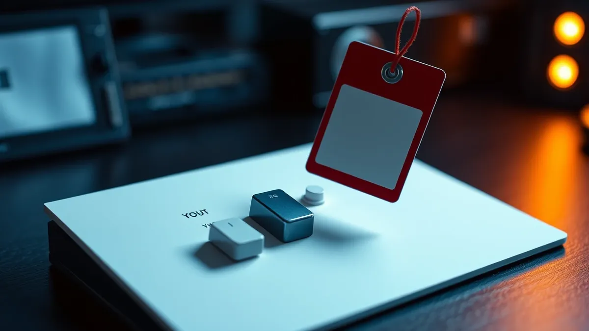 Illustration: A white configuration card with simple toggle switches sits on a dark desk.