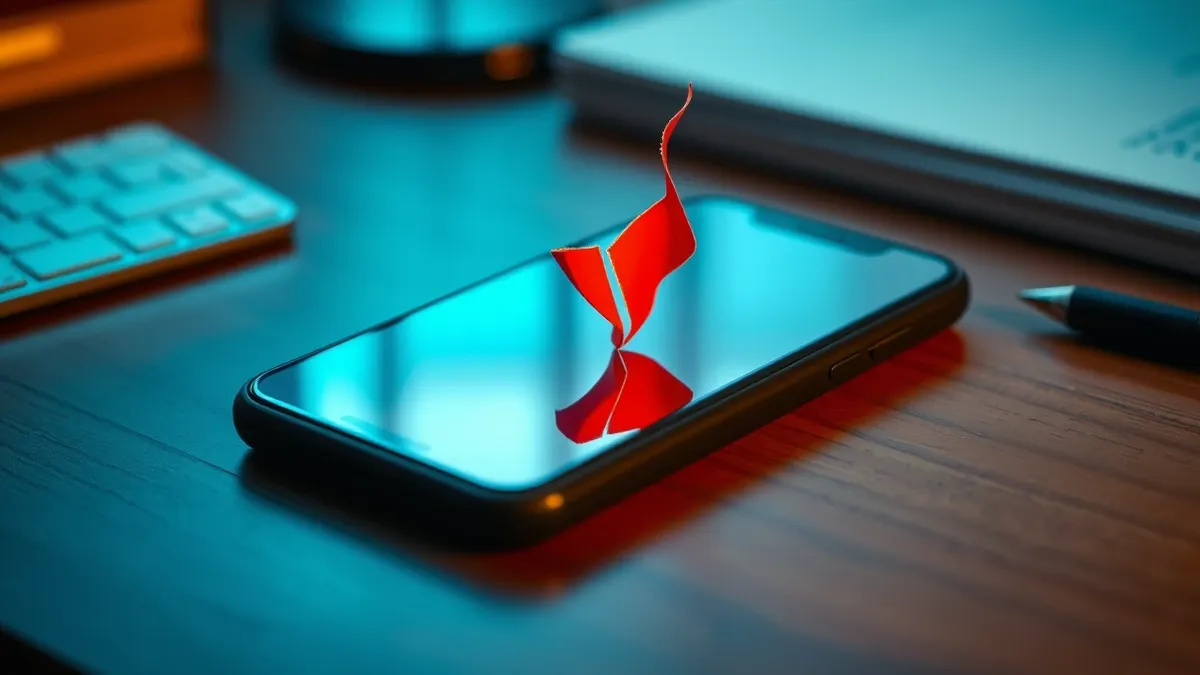 Illustration: A sleek black smartphone rests on a wooden desk, its blank screen reflecting faint light.