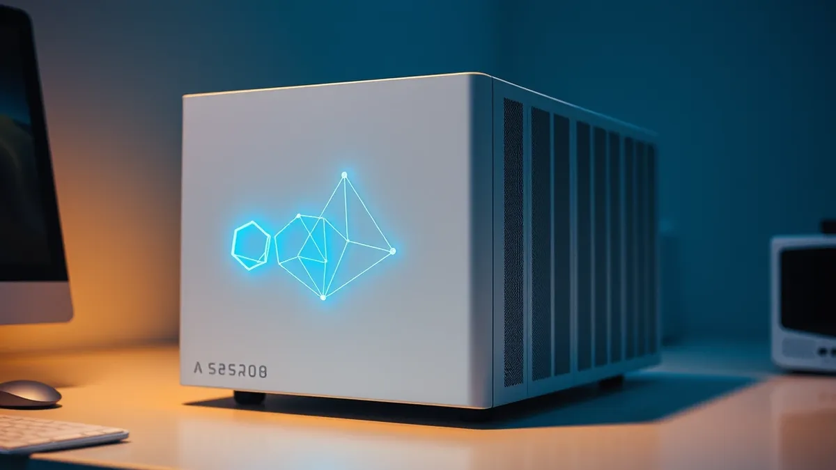 Illustration: A sleek white server unit sits on a clean desk, its front panel displaying three distinct abstract geometric shapes that pulse with soft blue light.